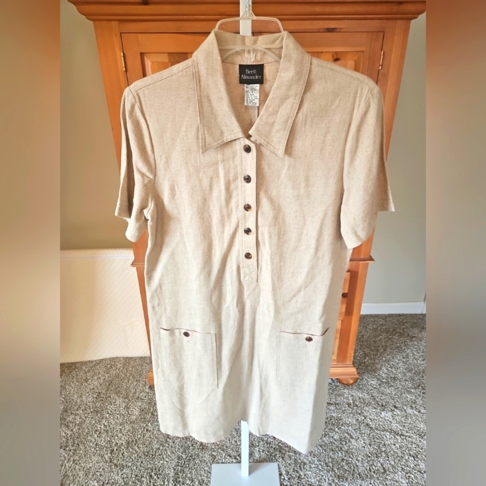Vintage Brett Alixander Linen Shift Dress Size 8 Beige Minimalist Short Sleeve